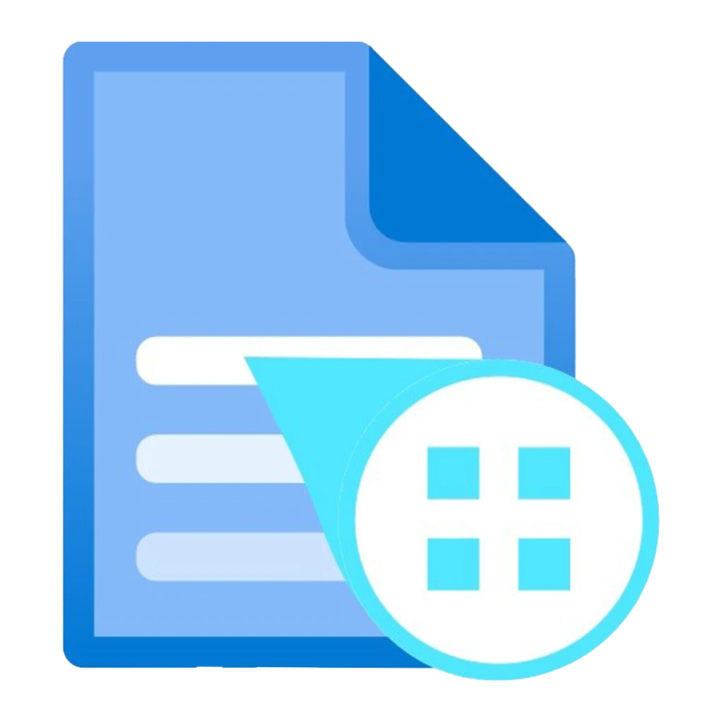 Icono de documento digital azul con lupa o cuadrícula de análisis de datos.