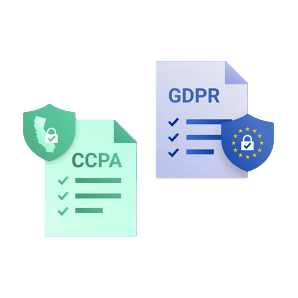 Iconos de cumplimiento normativo CCPA y GDPR representados como documentos con escudos de seguridad.