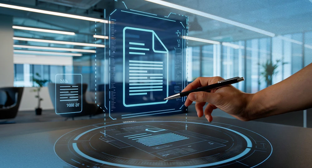 Mano interactuando con interfaz holográfica para la digitalización y extracción inteligente de datos en un documento.